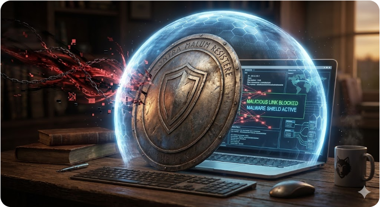 악성 링크로부터 컴퓨터 화면을 보호하는 보안 방패 이미지