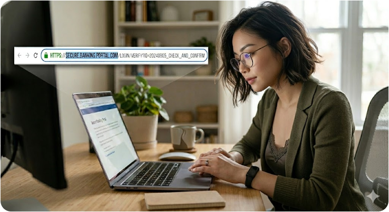 브라우저 주소창의 URL을 꼼꼼하게 확인하는 사용자의 모습 이미지