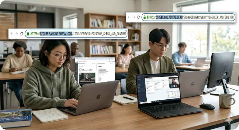 노트북을 통해 교육 자원과 업무 도구에 접속하는 학생과 직장인의 모습 이미지