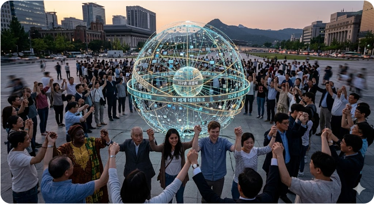 전 세계가 연결된 네트워크 주변에서 사람들이 손을 맞잡고 있는 공동체 이미지